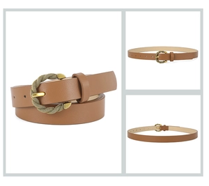 Detail of a brown leather belt featuring a textured gold woven metal buckle on white