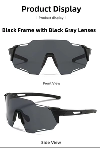 Close-up of matte black cycling sunglasses with grey windproof panoramic lens
