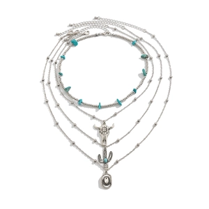 Bohemian multi-layer turquoise necklace set with bull head and cactus pendants on white background