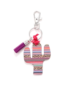 Detail of wooden cactus keychain featuring leopard print and colorful stripes with a purple tassel