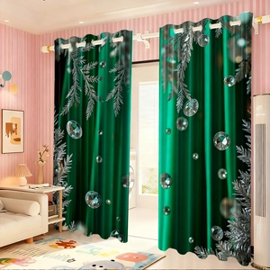 Green polyester Christmas curtains with silver pine needles and crystal ball patterns
