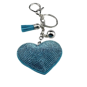Sparkling blue rhinestone heart keychain with leather tassel and silver bell detail