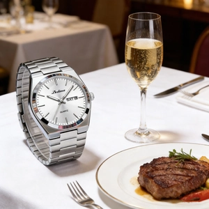 Close-up of silver men's watch with double calendar on a luxury dining table