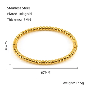 Polished 18K gold plated stainless steel beaded spring bangle for women 5mm width