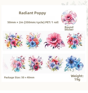 Detail of PET floral tape showing 50mm width and vibrant poppy flower patterns