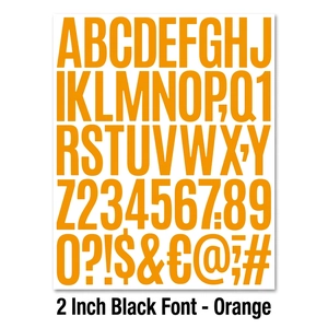 Close-up of 2 inch orange heat transfer vinyl alphabet and number sticker set