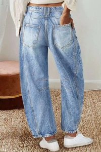 Rear view of high-waist light blue wide-leg jeans showing back pockets and drape