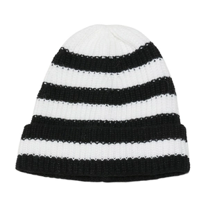 Winter striped knit beanie hat with black and white patterns and warm folded cuff design