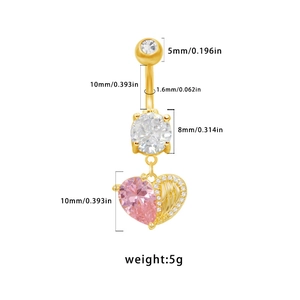 Detailed view of pink heart zircon belly ring showing exact dimensions and weight specs