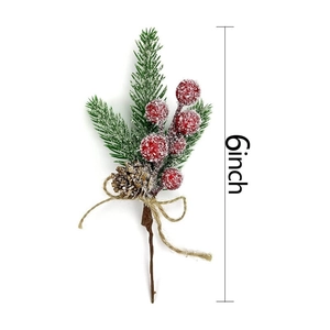 Detailed 6-inch Christmas spray with green pine needles, red berries and snowy pinecones