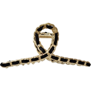 Elegant gold chain and black ribbon woven hair claw clip with a retro twist design