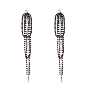 Silver fringe drop earrings with black and clear crystals in a luxury oval design