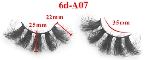Detail view of 6D-A07 false eyelashes showing 22mm 25mm 35mm lengths on white background