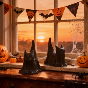 Close-up van matzwarte Halloween spookkat-sculpturen als elegante binnendecoratie