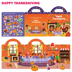 Detail of Thanksgiving sticker book with DIY turkey and family dinner scene for kids