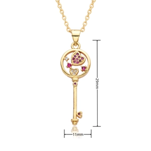 Detail showing dimensions 29x11mm for golden heart-key pendant with pink gemstones