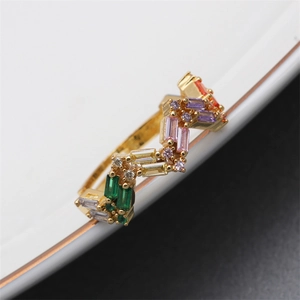 Adjustable gold V-shape ring with colorful micro-pave cubic zirconia gemstones