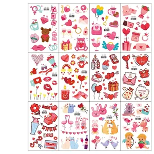 Set of 12 waterproof glitter Valentine tattoos featuring hearts, cupids and bears