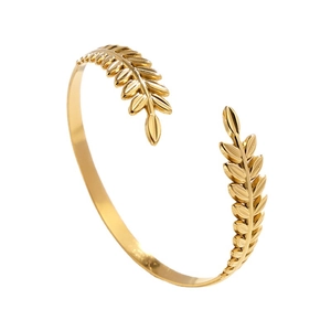Bracelet jonc ouvert en acier inoxydable doré avec motif d'épi de blé élégant