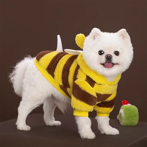 Fleece dog hoodie in yellow and brown bee stripes with wings for autumn and winter