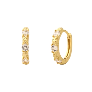 Elegant gold geometric hoop earrings with sparkling cubic zirconia on white background