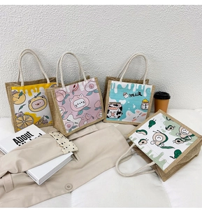 Set of four colorful cartoon tote bags with lemon peach milk and avocado prints