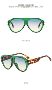 Front and side view of pilot oversized sunglasses with green frame and gradient lenses