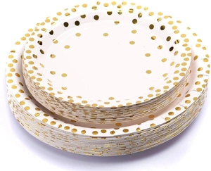 Detail shot of white disposable paper plates with gold foil dots in two different sizes