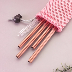 Rose gold 304 stainless steel straw set with cleaning brush in pink mesh pouch