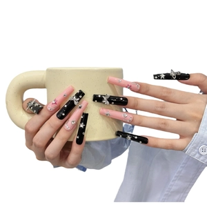 Handmade long coffin press-on nails with black pink contrast, bows, and rhinestones
