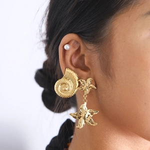 Starfish Conch Shell Earrings Set Gold Stainless Steel Ocean Beach Theme Artificial Pearl Studs For Women Fashion Dangle Accessories