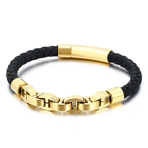 Men Braided Cowhide Leather Bracelet With Stainless Steel H-Link Anchor Chain Decor Retro Punk Wristband