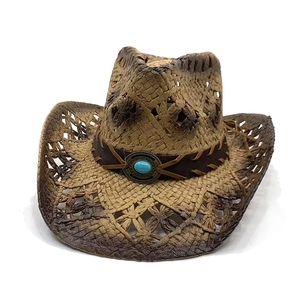 Handwoven Western straw cowboy hat with turquoise leather band and sun protection