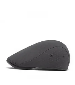 Side view of dark grey striped newsboy cap showing breathable eyelets and fine fabric texture