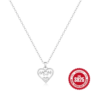 S925 sterling silver heart necklace with MOM lettering and white zircon pendant