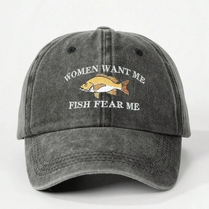Washed dark grey baseball cap with fish embroidery and Fish Fear Me slogan