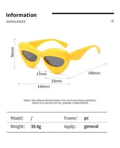 Detailed size chart showing frames dimensions of fashionable cat eye bubble sunglasses