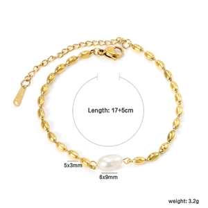 Golden stainless steel chain bracelet with water-drop pearl and oval beads, 17+5cm