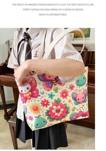 Detail view of large canvas tote bag with vibrant butterfly and floral prints