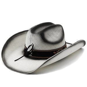 Detail of western straw cowboy hat with black spray gradient and floral embroidery band