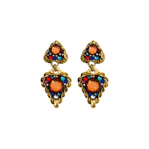 Vintage gold triangle drop earrings with orange stones and colorful crystals