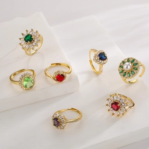 Adjustable Open Ring Copper 18K Gold Plated Zircon Geometric Flower Heart Light Luxury Elegant Jewelry