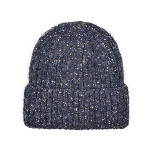 Detailed texture of dark blue nep yarn knit beanie with ribbed fold-over cuff design