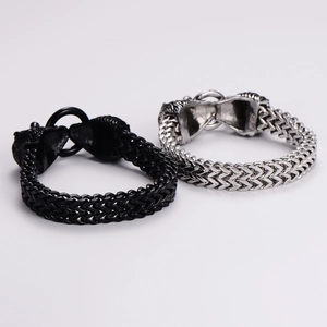 Men's double strand stainless steel wolf head bracelets in black and silver finishes