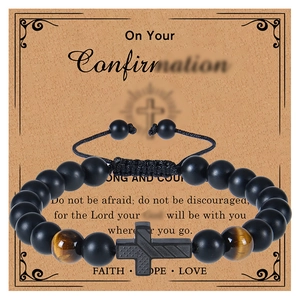 Bracelet Perles Fait Main Pierre Naturelle Mate Oeil De Tigre Avec Pendentif Croix En Alliage Corde Réglable Carte Cadeau Religieuse