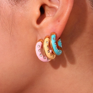 Gold plated stainless steel C-shape donut earrings with colorful enamel and crystals
