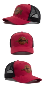 Close-up of curved brim trucker hat with fishing leather patch and red mesh detail