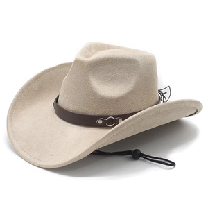 Faux suede western cowboy hat in khaki with leather band and adjustable wind rope