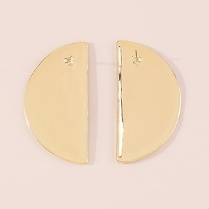 Detailed front and back view of gold semi-circle geometric earrings with mirror finish