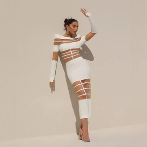 White mesh patchwork slim maxi dress with matching sleeves and geometric cutout design
